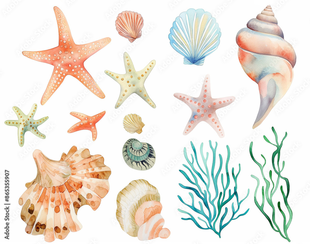 Watercolor set of cute underwater starfish, shell, and algae for cute baby design Watercolor set of cute underwater starfish, shell, and algae for cute baby design