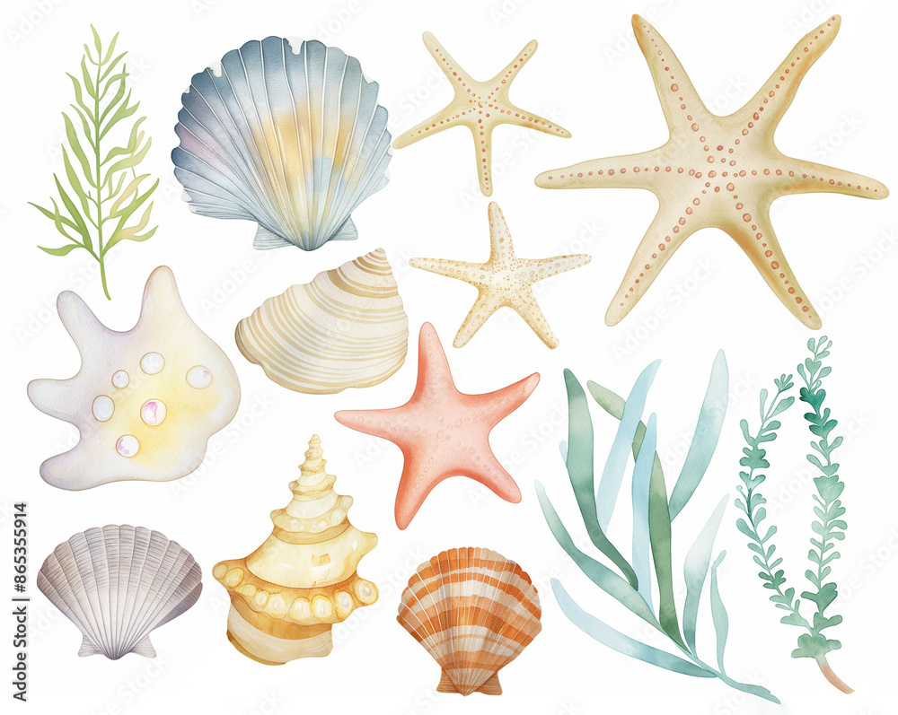 Watercolor set of cute underwater starfish, shell, and algae for cute baby design Watercolor set of cute underwater starfish, shell, and algae for cute baby design