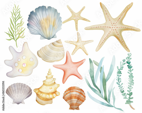 Watercolor set of cute underwater starfish, shell, and algae for cute baby design