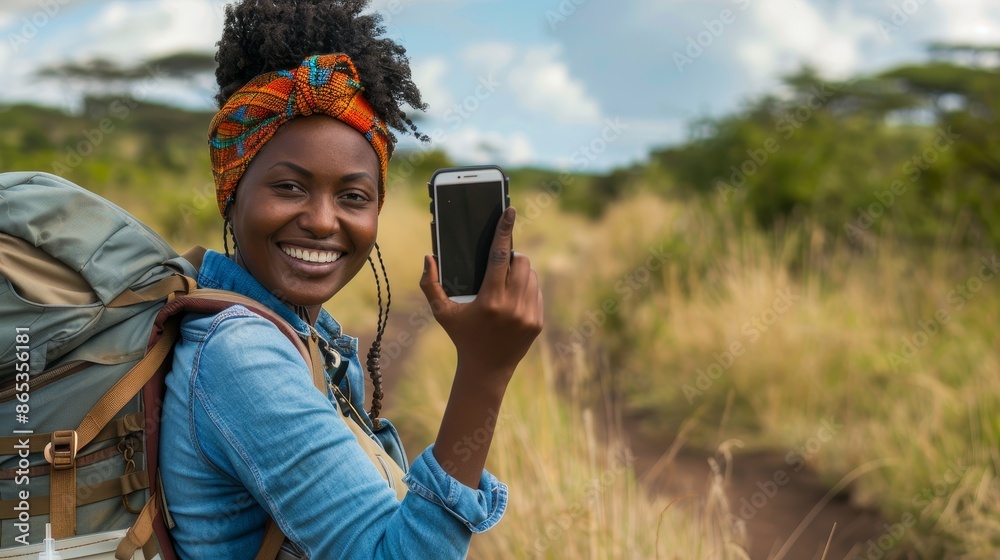 Smiling African female traveller in Safari outfit takes selfie picture Smiling African female traveller in Safari outfit takes selfie picture