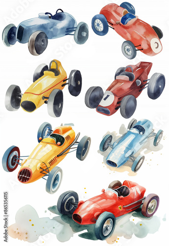 set of happy cute car watercolor illustrations for printing on baby clothes, Watercolor cute racing cars