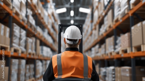 Backshot of a logistics employee handling a forklift amidst the hustle and bustle of a warehouse, packed shelves and active workers contributing to the lively atmosphere