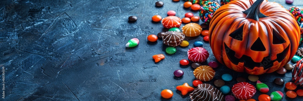 halloween pumpkin and various of candy. copy space halloween pumpkin and various of candy. copy space
