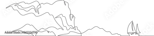 Cliff in the sea. Sea cliffs. Sailing yacht off the coast. Rocky shore. Bay in the ocean.One continuous line drawing on a white isolated background. Minimalism linear illustration.