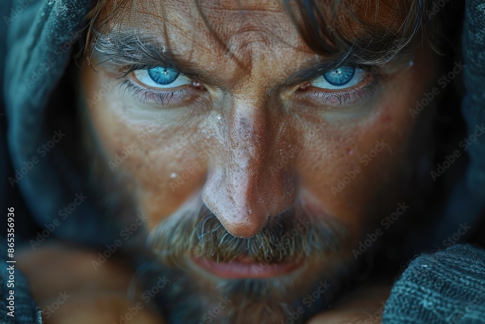 A rugged man with piercing blue eyes gives an intense close-up look, his weathered skin and captivating gaze creating a powerful image full of character and mystery. A rugged man with piercing blue eyes gives an intense close-up look, his weathered skin and captivating gaze creating a powerful image full of character and mystery.