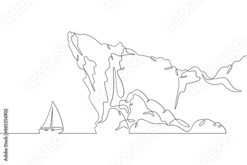 Cliff in the sea. Sea cliffs. Sailing yacht off the coast. Rocky shore. Bay in the ocean.One continuous line drawing on a white isolated background. Minimalism linear illustration.