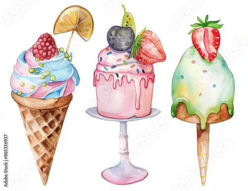 Watercolor set of cute ice cream and cake for cute baby design