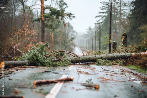 Downed Trees. Hazards and Damage on Road After Natural Disaster Wind Storm