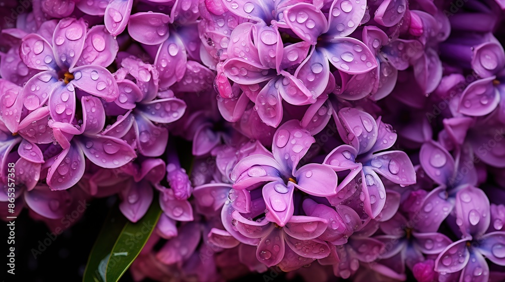 Blooming Hyacinth flowers composition. Close-up of vibrant purple flowers with water droplets on the petals. Filled on full screen. Blooming Hyacinth flowers composition. Close-up of vibrant purple flowers with water droplets on the petals. Filled on full screen.