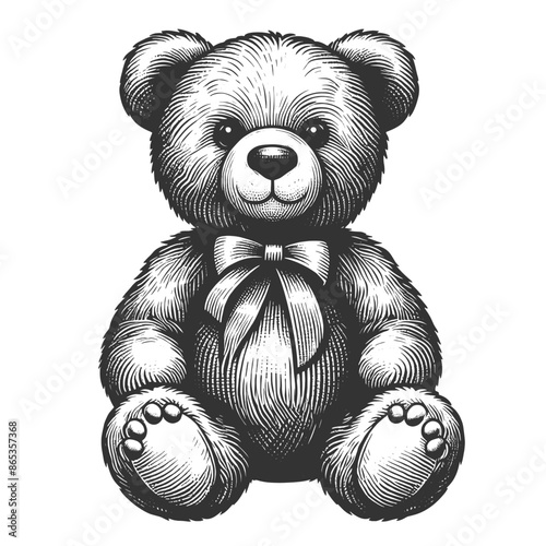 classic teddy bear toy with a bow tie in engraving style sketch engraving generative ai fictional character vector illustration. Scratch board imitation. Black and white image.