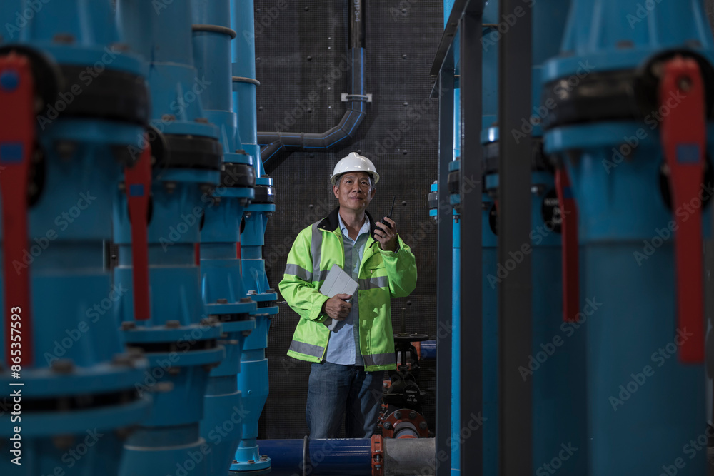 Service engineer on plant and checking flow rate in pipe with tablet. Service engineer concept. Service engineer on Pump room Service engineer on plant and checking flow rate in pipe with tablet. Service engineer concept. Service engineer on Pump room