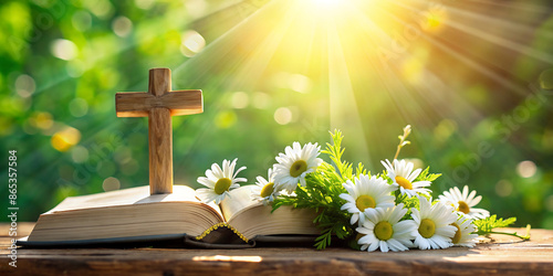 cross on an open bible with a bright background light photo