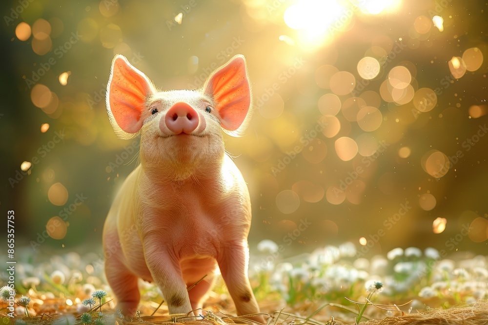 Fototapeta premium Closeup of pink baby piglets with white hair on sunlight in isolated blurred background, cute pink baby pig with clean body in blur background