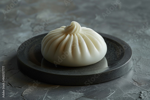 A minimalist composition featuring a single steamed pork bun on a dark plate, soft texture visible. photo