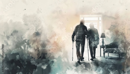 Abstract watercolor art depicting two elderly people walking with a cane towards a bright doorway, symbolizing companionship and support.