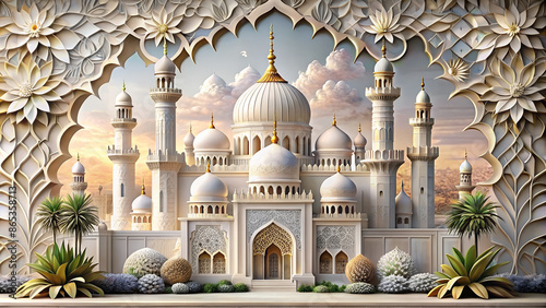 Beautiful mosque 3d relief wallpaper. Mural wallpaper. Wall art. AI generated