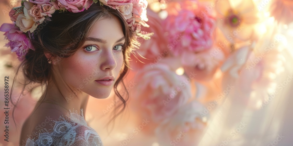Produce a visual of an elegant woman wearing a flower crown, set against a softly lit, ethereal backdrop Produce a visual of an elegant woman wearing a flower crown, set against a softly lit, ethereal backdrop