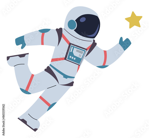 Spaceman reaching star. Space travel. Person in spacesuit photo