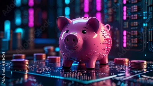 A pink piggy bank sits on top of a computer motherboard with pink and blue lights in the background. photo