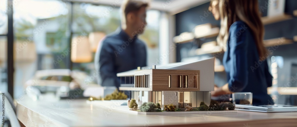 Architects discussing a modern house model in an office, showcasing a contemporary design with large windows and open space. Architects discussing a modern house model in an office, showcasing a contemporary design with large windows and open space.