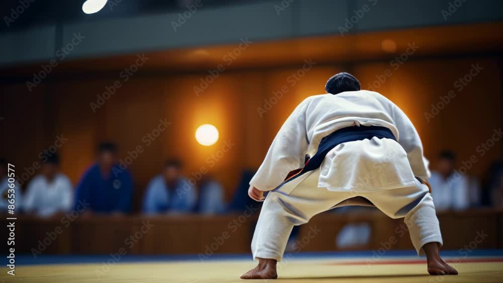 Young Martial Artist in White Judo Uniform with Black Belt Preparing for Match in Dojo. Young Martial Artist in White Judo Uniform with Black Belt Preparing for Match in Dojo.