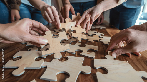 Business team trying to find solution to problem together. Group of young people holding parts of jigsaw puzzle. Crop shot close up bottom view from below hands holding wooden pieces. Teamwork concept