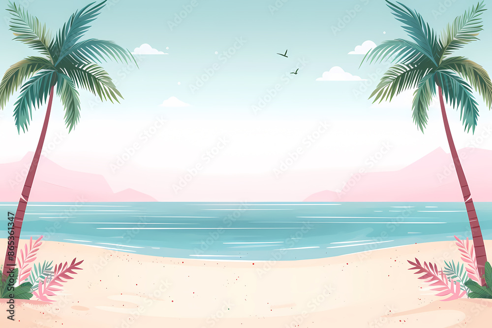 Fototapeta premium A serene beach scene with two palm trees, white sand, and turquoise ocean water. Perfect for summer and vacation themes.