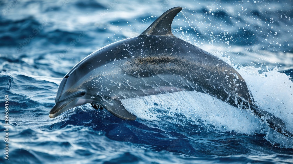Naklejka premium Dynamic dolphin breaching the ocean's surface in a spectacular leap, its powerful form a testament to marine strength