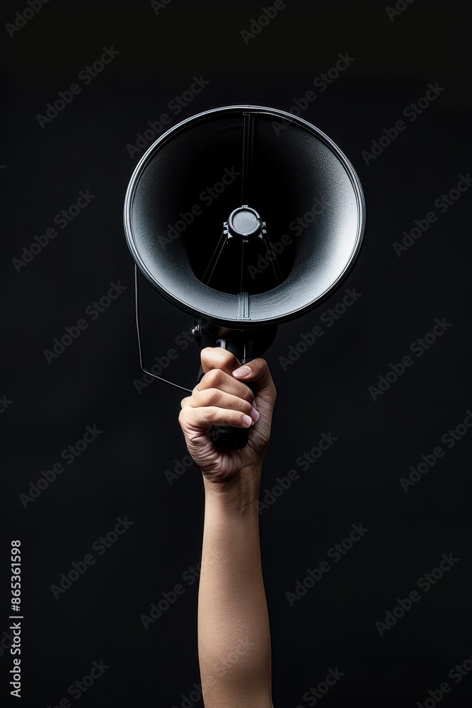 A hand holding a megaphone against a sleek black background A hand holding a megaphone against a sleek black background