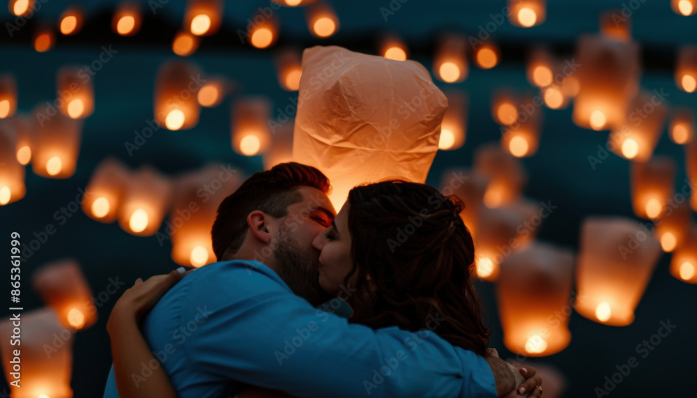 A couple feeling romantic while floating through a sky filled with floating lanterns, Romance, Floating Lanterns A couple feeling romantic while floating through a sky filled with floating lanterns, Romance, Floating Lanterns