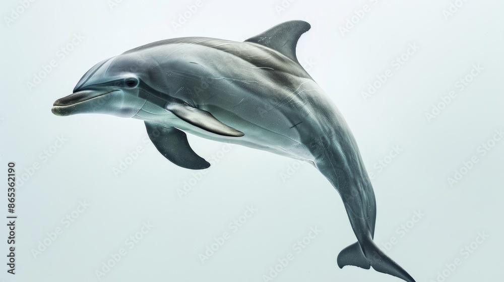 Fototapeta premium Elegant dolphin isolated on a white background, illustrating the grace and elegance of these beloved marine mammals