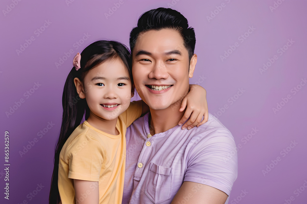 Asian dad and daughter posing on purple background, Happy Father's Day. Asian dad and daughter posing on purple background, Happy Father's Day.