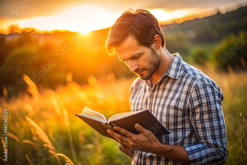 a man reading the bible in a field