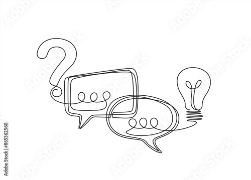 Quick tips. Continuous one line drawing of question mark, light bulb and speech bubbles. Trendy line art vector on a white background. Vector illustration. Hand drawn one line vector.	