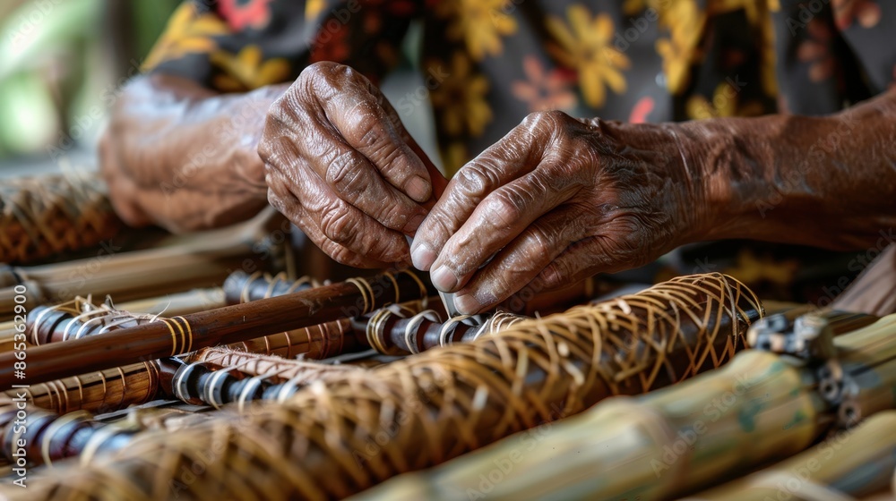 A hand man is skillfully crafting angklung instruments from bamboo A hand man is skillfully crafting angklung instruments from bamboo