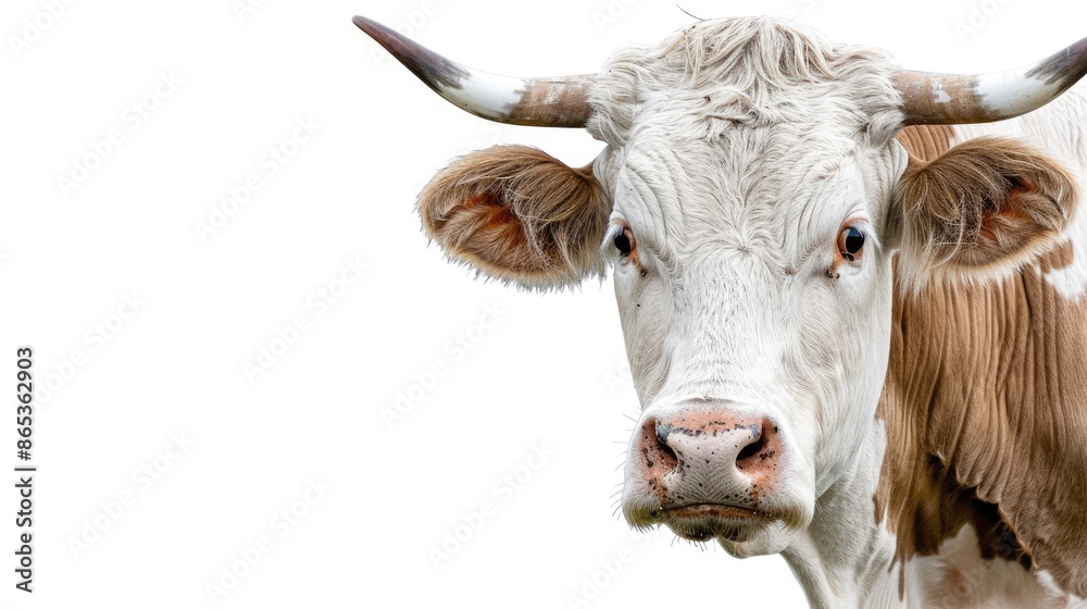 Elegant white-brown cow captured in isolation against a white backdrop, highlighting its natural grace and gentle demeanor Elegant white-brown cow captured in isolation against a white backdrop, highlighting its natural grace and gentle demeanor