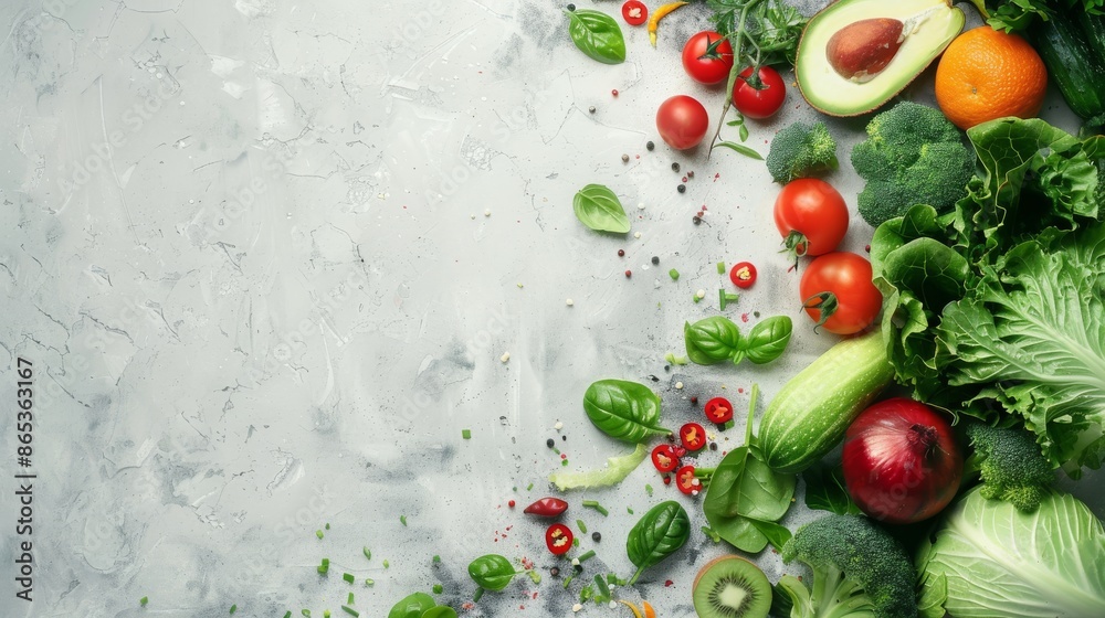 Collection of fresh, nutrient-rich vegetables and fruits on a clean background Collection of fresh, nutrient-rich vegetables and fruits on a clean background