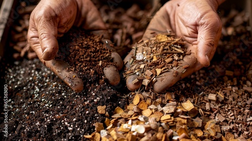 Top view of coco husk chips, lime powder, and aroid soil mix being combined, emphasizing the earthy tones and natural textures photo