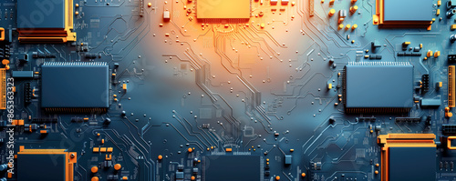Close up panoramic view of the motherboard with components.