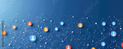 Abstract illustration of the people icons connected with lines in network. Social net connection concept.
