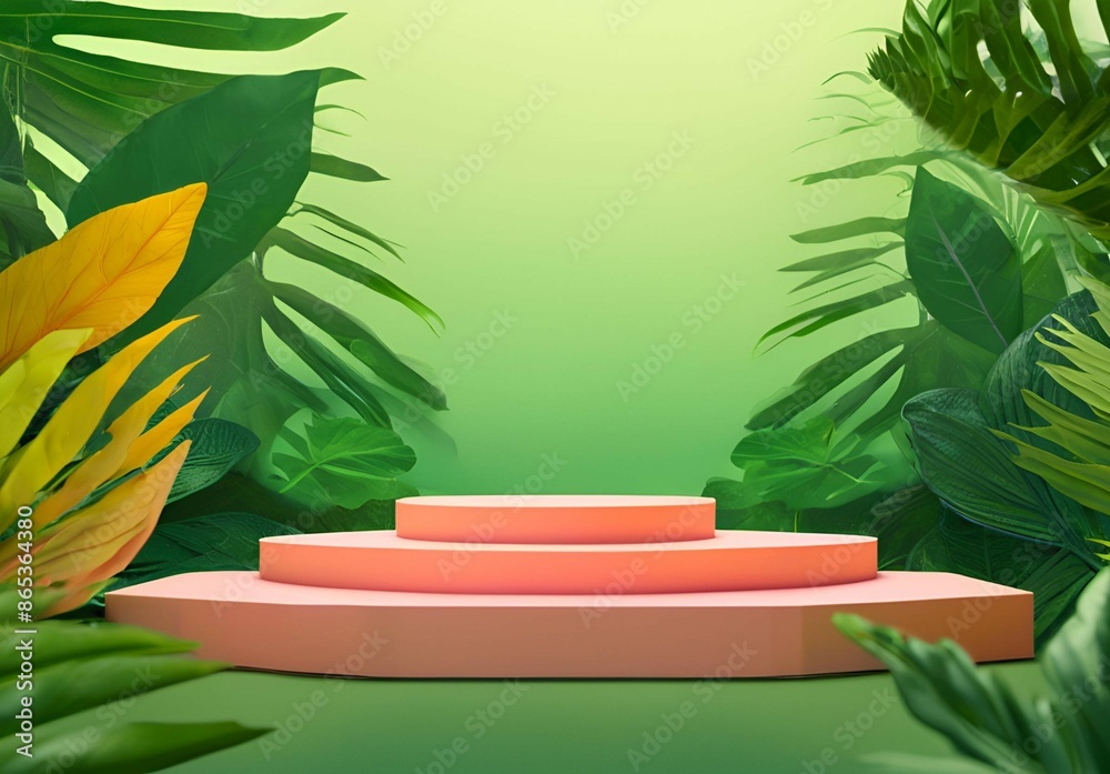 Empty podium for product presentation with leaves on rainforest landscape. AI generative-77 Empty podium for product presentation with leaves on rainforest landscape. AI generative-77