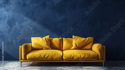 essence of modern interior design with a living room showcasing a bold yellow sofa on an empty dark blue wall background, emphasizing the dynamic interplay of colors and minimalist aesthetics photo