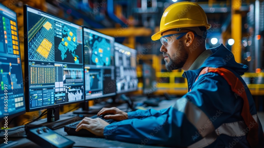 A male engineer wearing a yellow hard hat, working on multiple monitors in an industrial setting A male engineer wearing a yellow hard hat, working on multiple monitors in an industrial setting