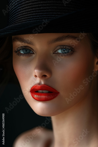 Close-up portrait of an attractive woman with bright red lipstick and black hat, showcasing her flawless makeup. A beauty model's face and eyes with makeup.