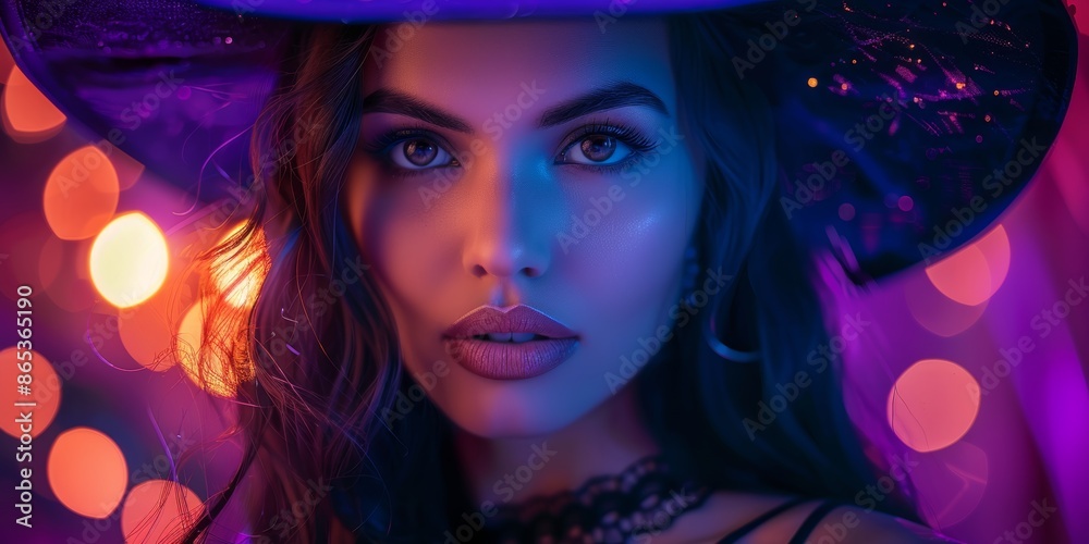 Close-up of a woman with a witch hat, set against a vibrant, colorful bokeh background, creating a magical and enchanting atmosphere Close-up of a woman with a witch hat, set against a vibrant, colorful bokeh background, creating a magical and enchanting atmosphere
