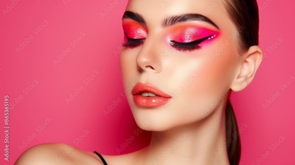 A close-up of a woman's face with vibrant pink and orange makeup against a pink background. A close-up of a woman's face with vibrant pink and orange makeup against a pink background.