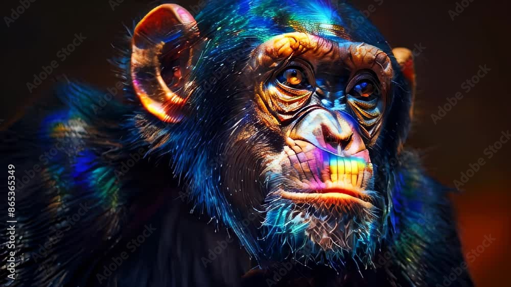 Chimpanzee with iridescent light on face, intense gaze, dark background Chimpanzee with iridescent light on face, intense gaze, dark background