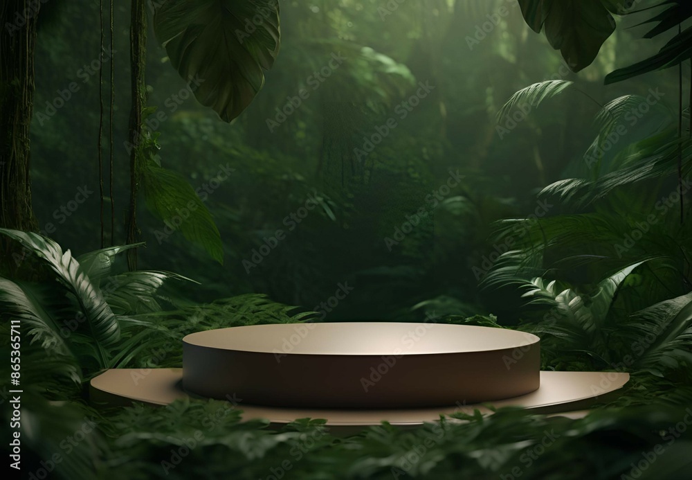 Empty podium for product presentation with leaves on rainforest landscape. AI generative Empty podium for product presentation with leaves on rainforest landscape. AI generative