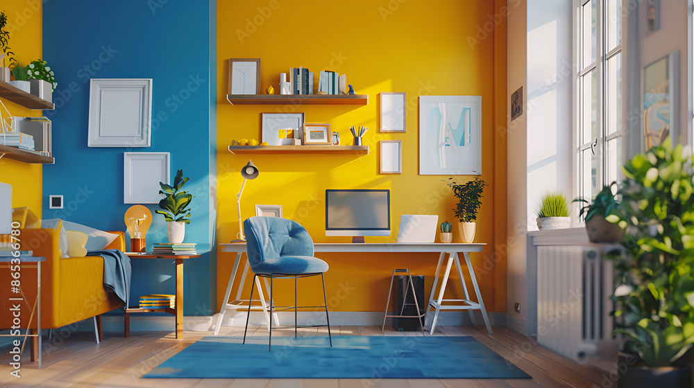 Scandinavian-Inspired Bright Yellow and Blue Home Office Scandinavian-Inspired Bright Yellow and Blue Home Office