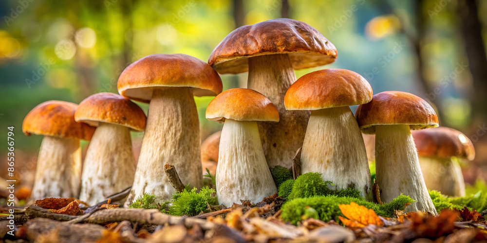 Porcini Mushrooms in a Forest Setting. Forest Ecosystems Porcini Mushrooms in a Forest Setting. Forest Ecosystems